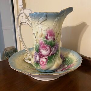 Vintage Floral & Gilded Hand Painted Washbasin & Pitcher